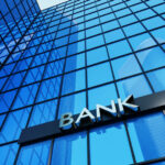 Bank sign on a modern glass building. 3D render illustration.